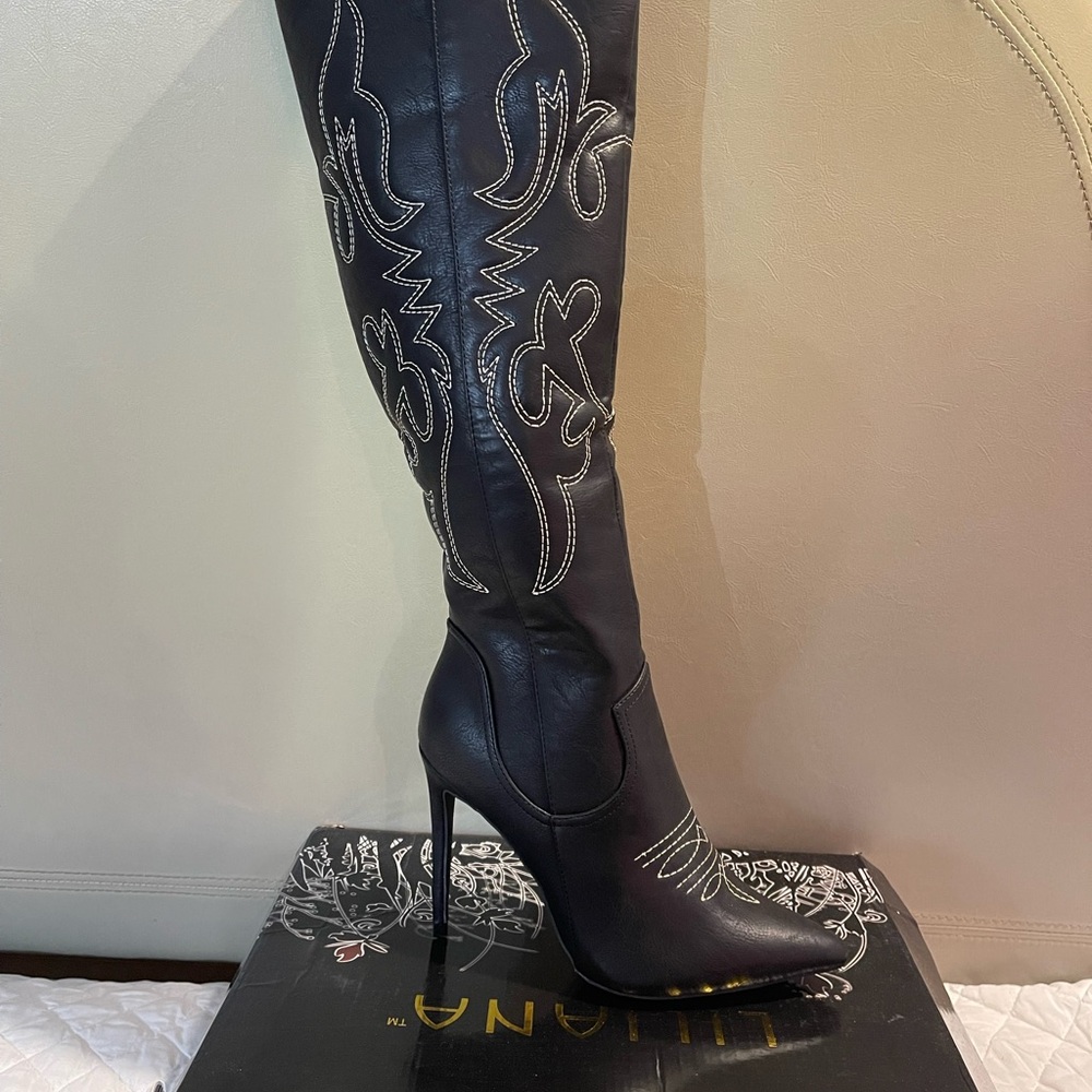 Liliana Black Stiletto Heeled Boots with Embroidery